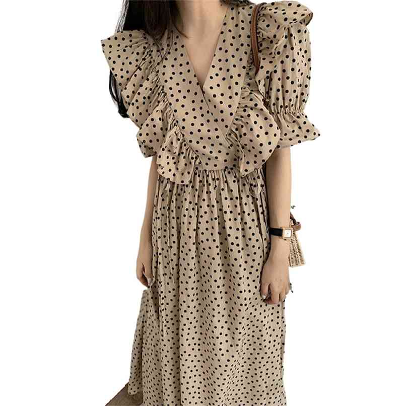 

Polka dot ruffled v-neck large skirt chiffon dress casual female summer j Korean fashion women's clothing 210520, White