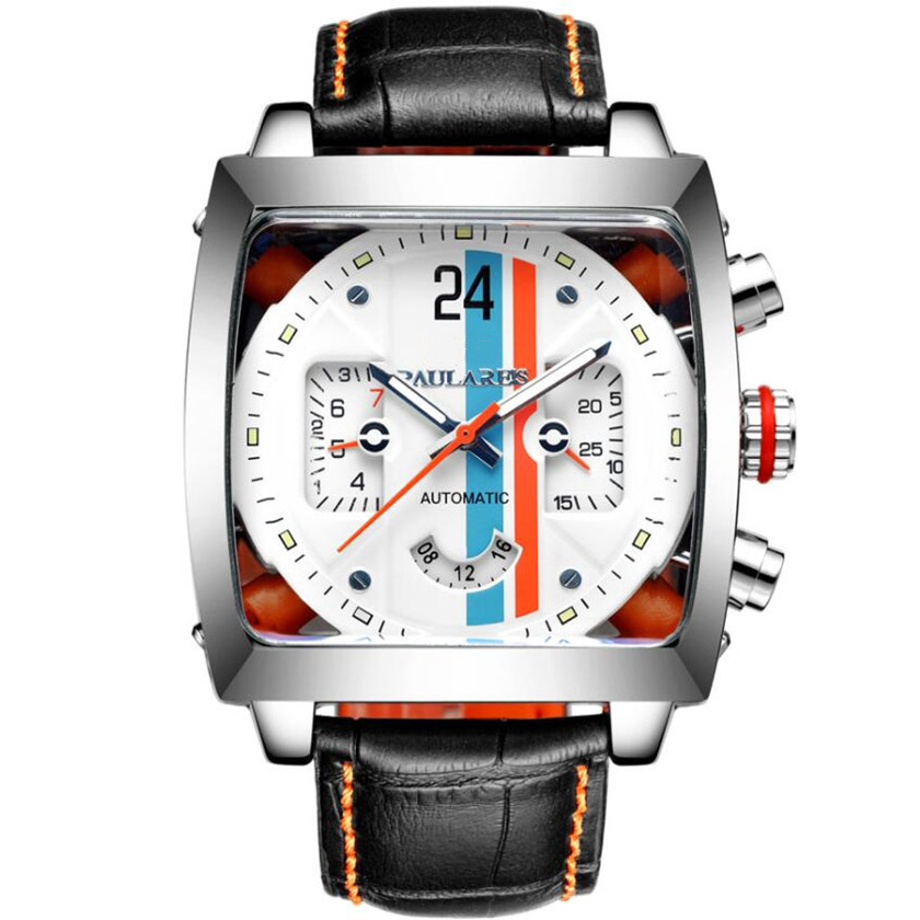 

Men mechanical automatic watch square military sports mens watches genuine leather top brand male business wristwatch super luxury Christmas gift wristwatches, Gift box