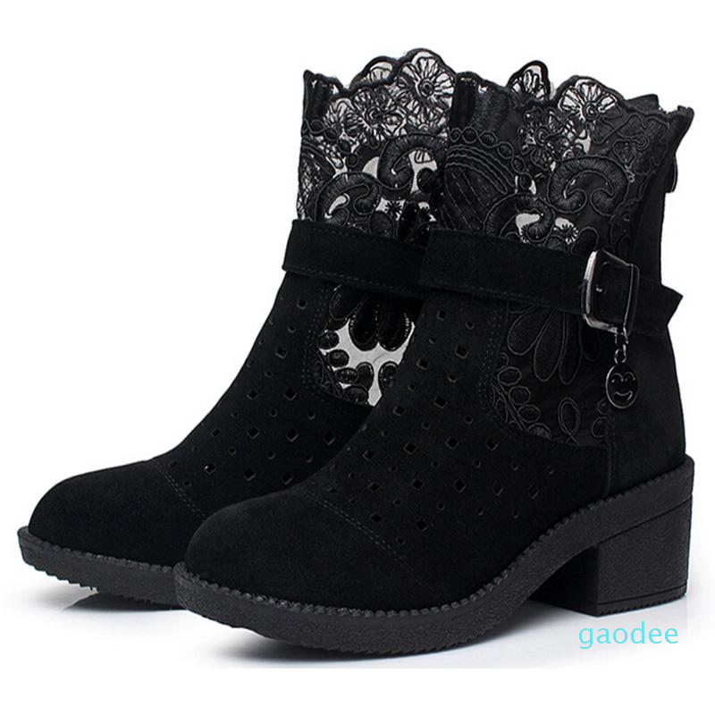 

Boots Thick Mid Heel Lace Gauze Cut Out Summer Sandals Lady Nubuck Leather Buckle Cutout Ankle Size 35-41, Red