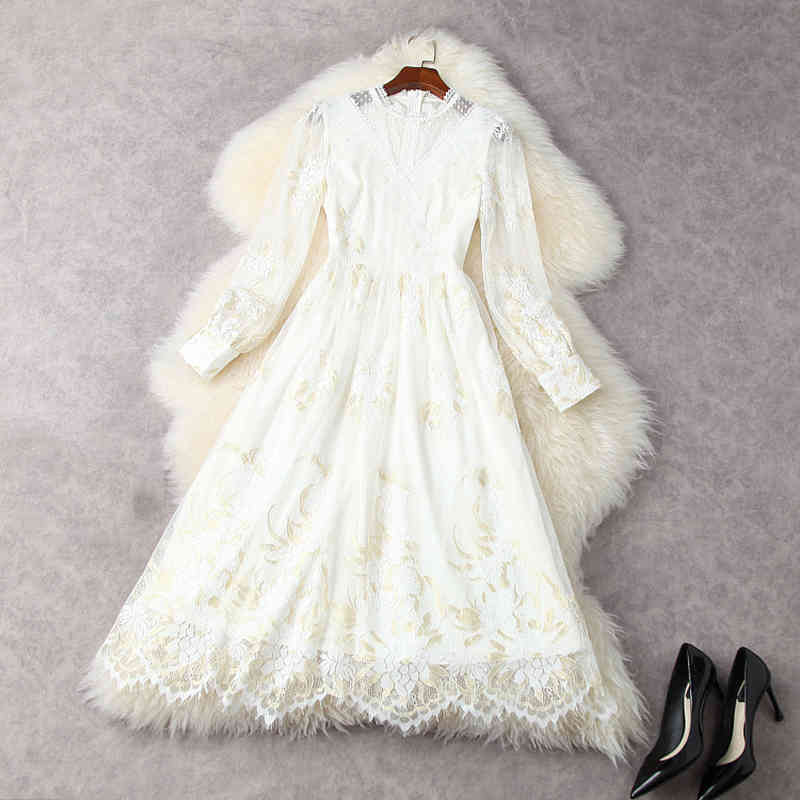 

HIGH STREET Fashion O-Neck Solid Color Lace Gauze Dress 210521, Blue