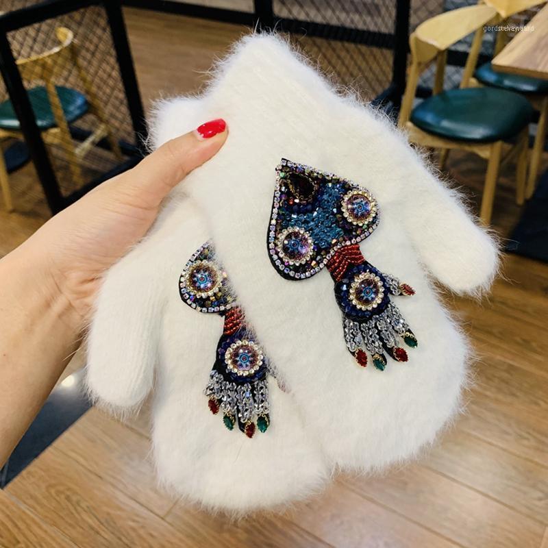 

Five Fingers Gloves Warm Women Winter Crystal Octopus Fur Brand For Female Double Full Finger Mittens Christmas Gifts1