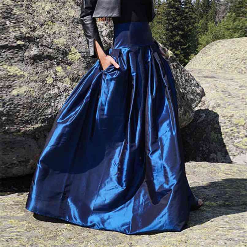 

England Style Taffeta Long Skirts For Women Puffy Floor Length Maxi Skirt With Pockets Wide Waist Pleated Female Saia 210527, Beige
