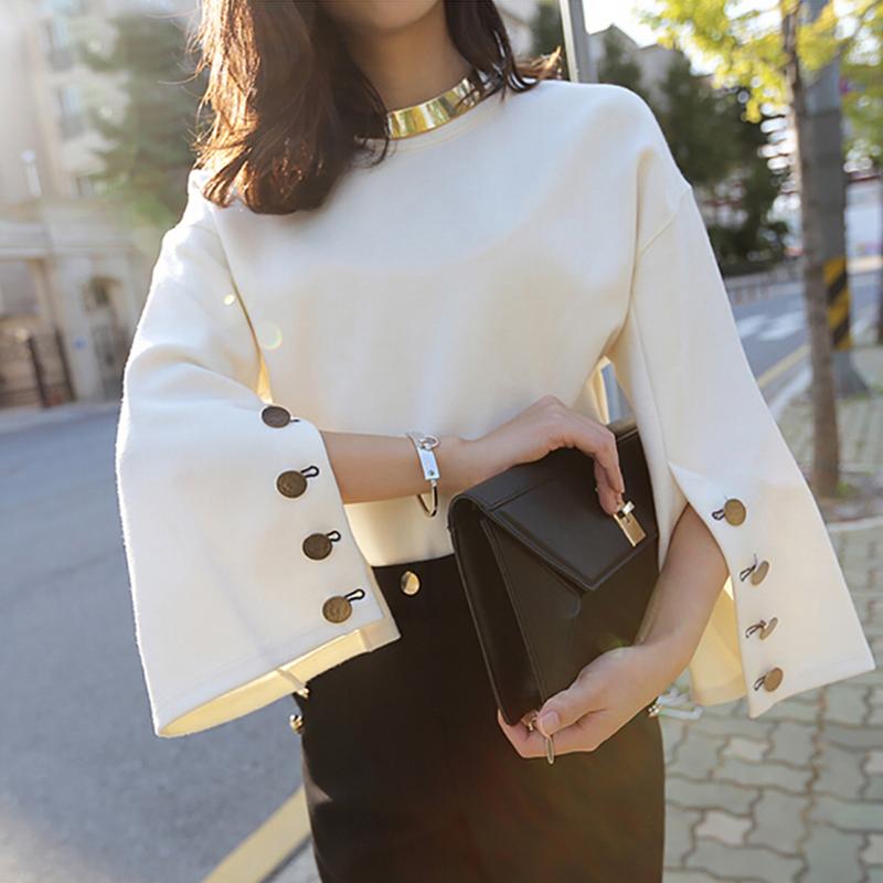 

Women's Sweaters Autumn Shirts Women Solid White O-Neck Casual Loose Suede Sweatshirt Button Long Flare Sleeve Tops Blusas Mujer, White;black