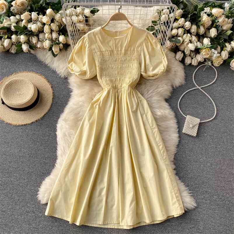 

Women Puff Sleeve Elastic Waist Slim Midi Dress Solid Color Round Collar Fashion Spring Summer 11B753 210525, White