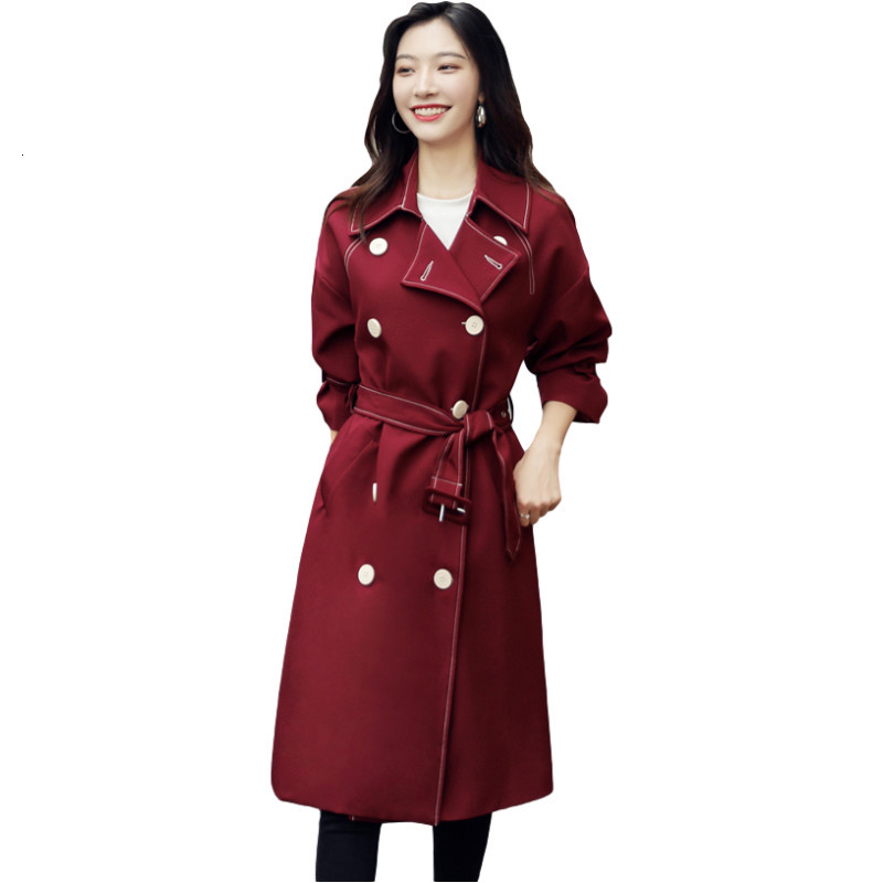 

Casual Dresses 2021 Spring Autumn Solid Windbreaker Women Korean Double Breasted Temperament Fashion Mid-Length Trench Coat G950 D, Wine red