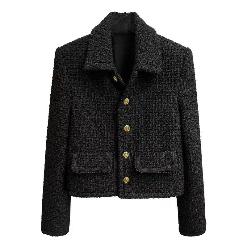

Women's T-Shirt Vintage little fragrance cut-off female jacket Korean autumn black fashion casual tweed stylish single breasted outwear JQTR, 1# shoe box