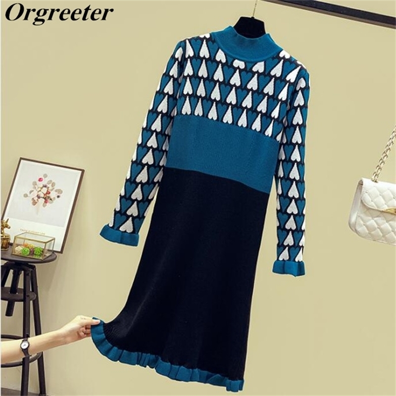 

Plus Size Short Knitted Sweater Dress Women Flare Sleeve Fall Winter Love pattern Jacquard Hit color Mermaid 210602