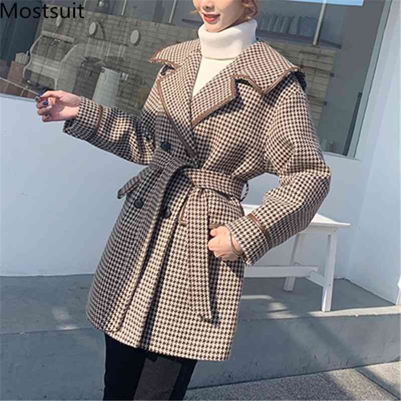 

Korean Houndstooth Wool Long Coats Jackets Women Autumn Winter Sleeve Double-breasted Belted Elegant Ladies 210518, Black