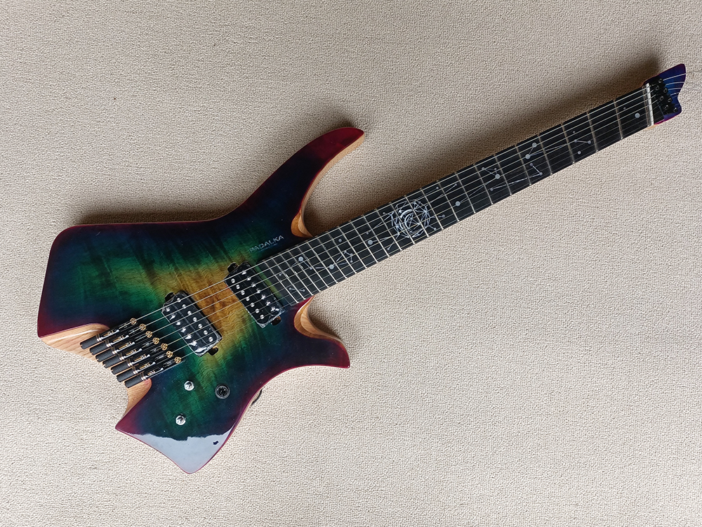 

Factory Custom Headless Blue sunburst faned Electric Guitar with Ash Body,Rbony Fretboard,Black Hardwares,Can be Customized