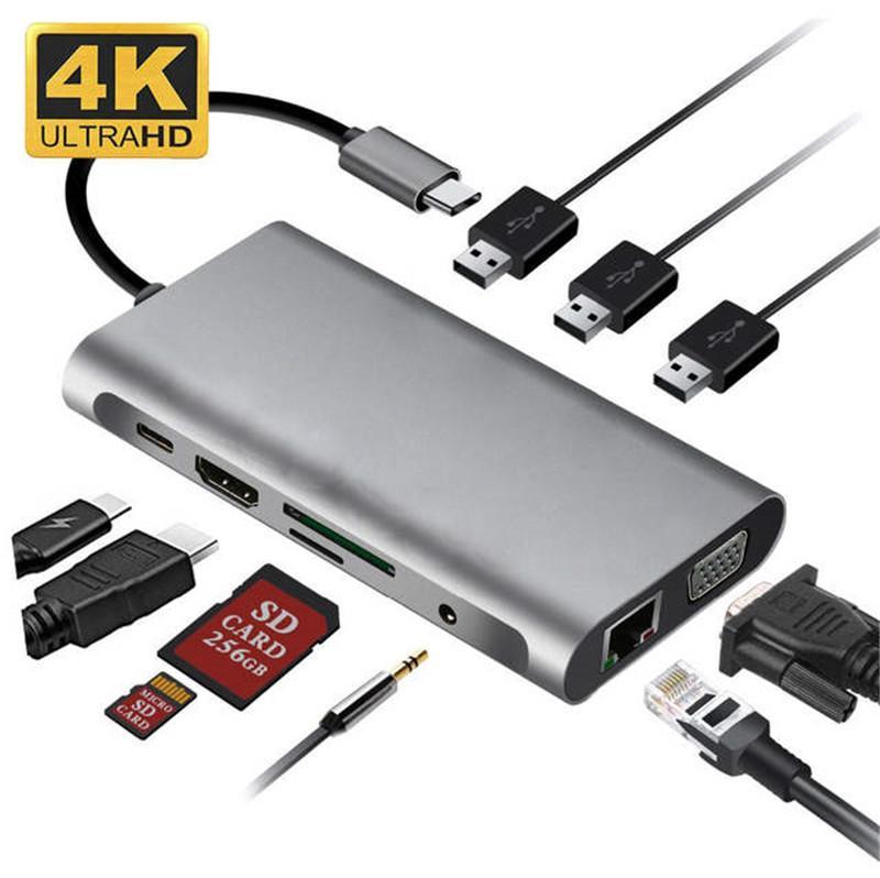 

Multifunctional 10 IN 1 USB-C Hub 3xUSB 3.0 HDTV VGA Audio SD TF Reader RJ45 Ethernet PD Charging for MacBook Tablet