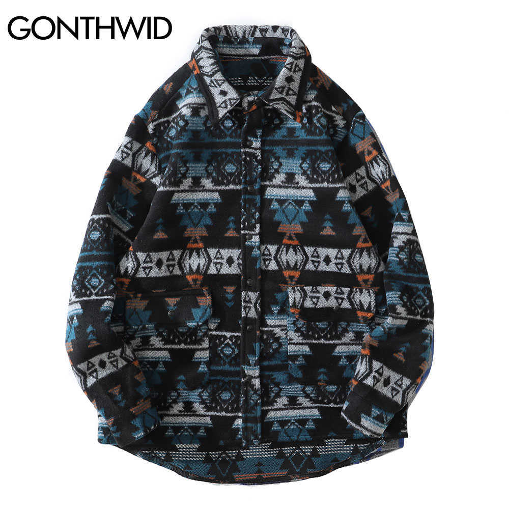 

GONTHWID Thick Shirts Coats Streetwear Hip Hop Geometry Pattern Color Block Long Sleeve Shirt Jackets Men Harajuku Casual Shirts 210628, Green