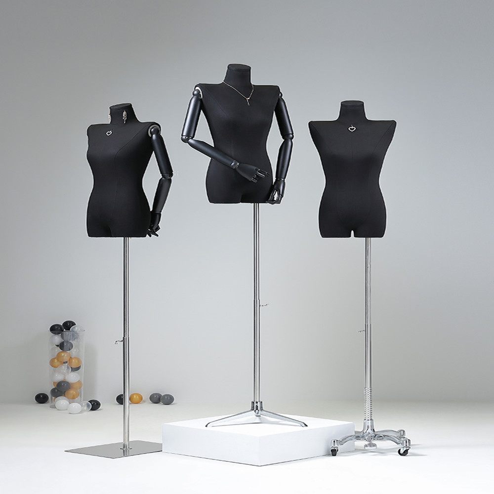 High-Quality Black Wood Arm Color Full Female Head Sewing Mannequin Cotton Body Square base Wedding Women,Adjustable Rack D407-image-714977079