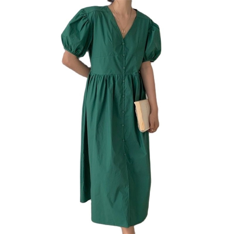 

Fashion Women's Dress Summer Simple Pure Color V-neck Loose Waist Belt Puff Sleeve for women 210520, Green