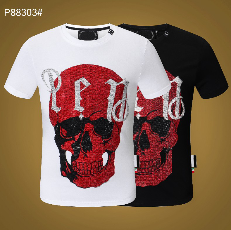 

PP Men's T-shirt Summer rhinestone Short Sleeve Round Neck shirt tee Skulls Print Tops Streetwear M-xxxL 303, White;black