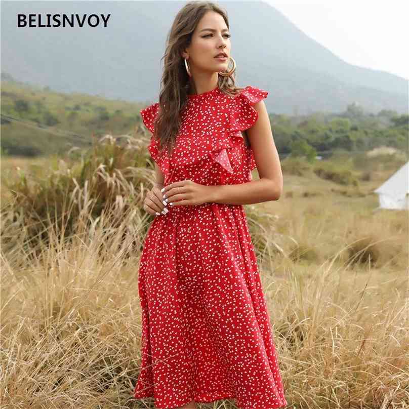 

Summer Women Fashion Dot Print Dress Casual Butterfly Sleeve Ruffles Medium Long Chiffon Boho 210520, Red
