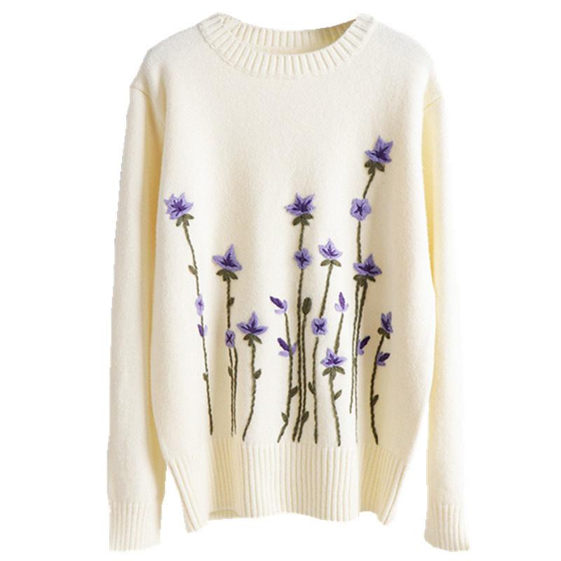 

Women's Sweaters Girly Embroidery Purple Floral Pullover Sweater O-Neck Long Sleeve Fall Winter Loose, Beige