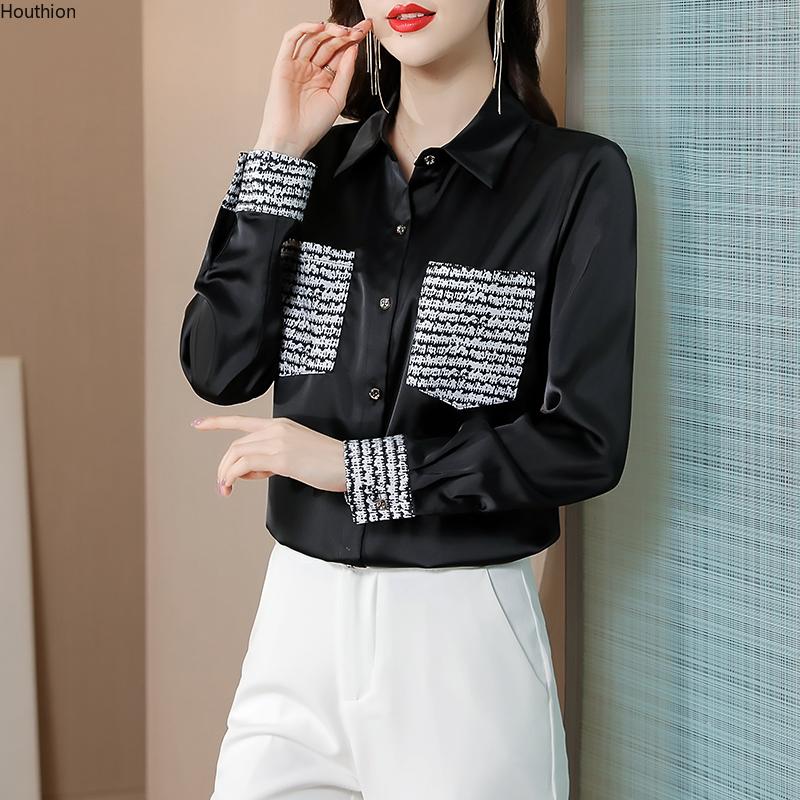 

Women's Blouses & Shirts Summer Autumn Blouse Shirt Long Sleeve Splicing Printing Satin Casual Fashion Loose Houthion, White