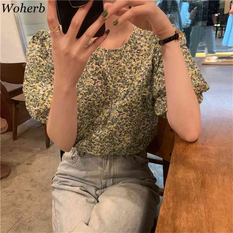 

Women Blouse Vintage O Neck Floral Lantern Puff Sleeve Shirt Female Summer Blusas Loose Temperament Korean Chic Tops 210519, Pink