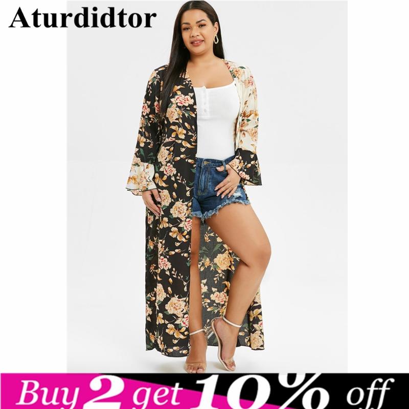 

Plus Size Sun Shirts Floral Print High Slit Maxi Cover Up Long Sleeve Patchwork Blouses Cardigan Lady Beachwear Women Sarongs