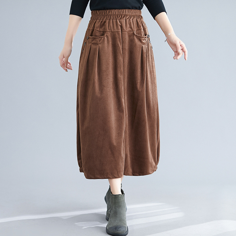 

Johnature Corduroy Skirts For Women Elastic Waist Pockets Autumn Solid Color Vintage Women Cloths Bud Skirts 210521, Coffee