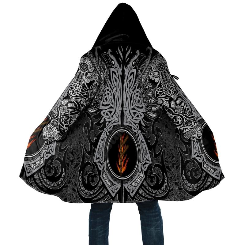 

Men' Wool & Blends Viking Style Cloak Fehu Rune Raven Tattoo 3D Printed Hoodie For Men Women Winter Fleece Wind Breaker Warm Hood
