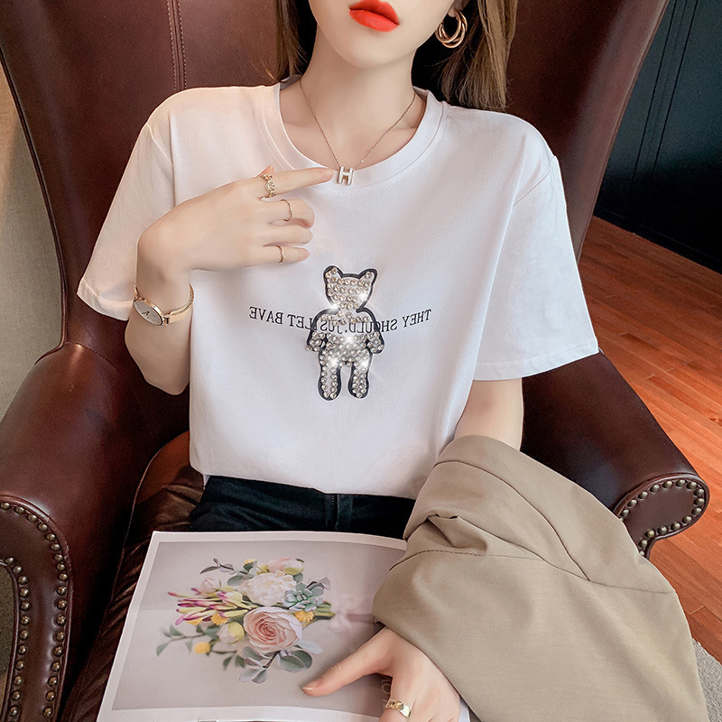 

t shirt 2021 bear round neck simple short sleeve for women, White