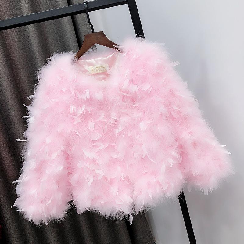 

Women' Fur & Faux Customized 2021 Autumn Winter Women Fashion Ostrich Feather Jackets O-neck Short Real Coats Plus Size 5XL 6XL A170, Red