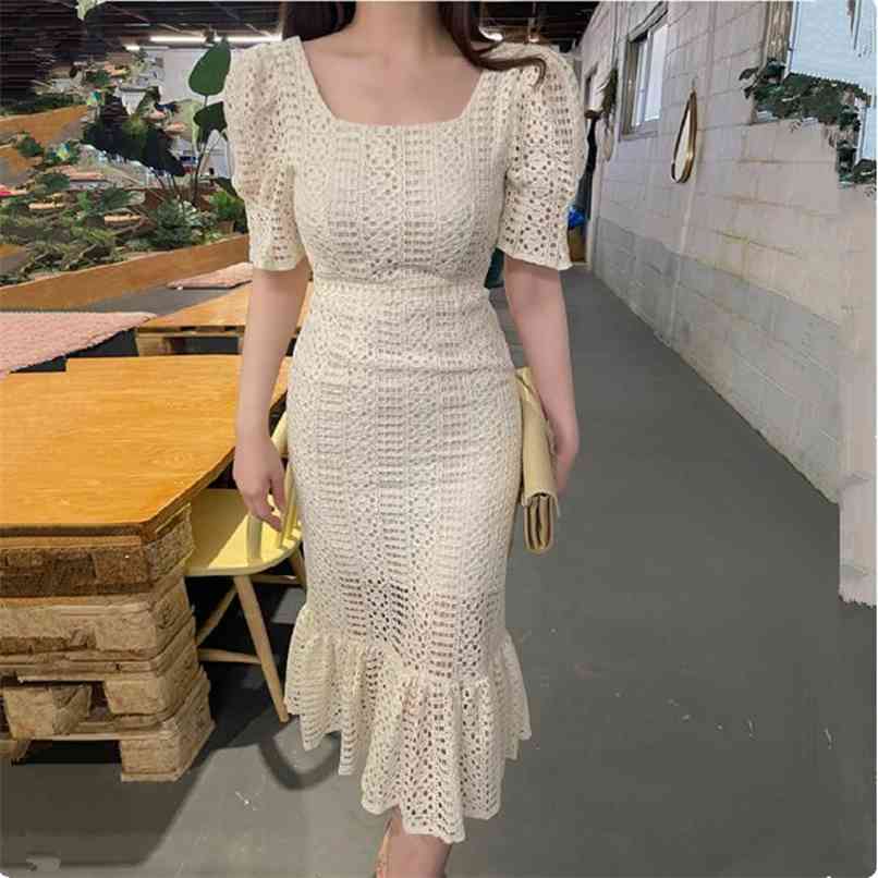 

Korean Sexy Bodycon Mermaid Dress Women Summer Square collar Puff sleeve Slim High waist Pleated Long Lace Dres Robe Femme 210602, Beige