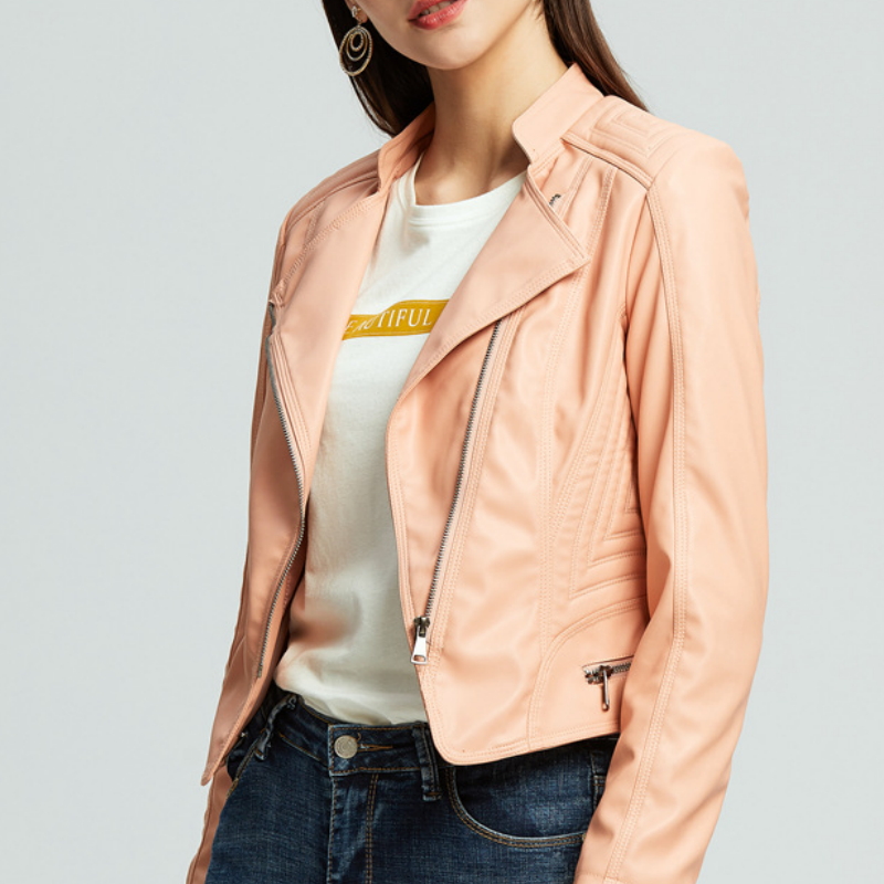 

6607 women's autumn new jacket zipper fashion streetwear PU leather jacket simple solid color slim short, Black