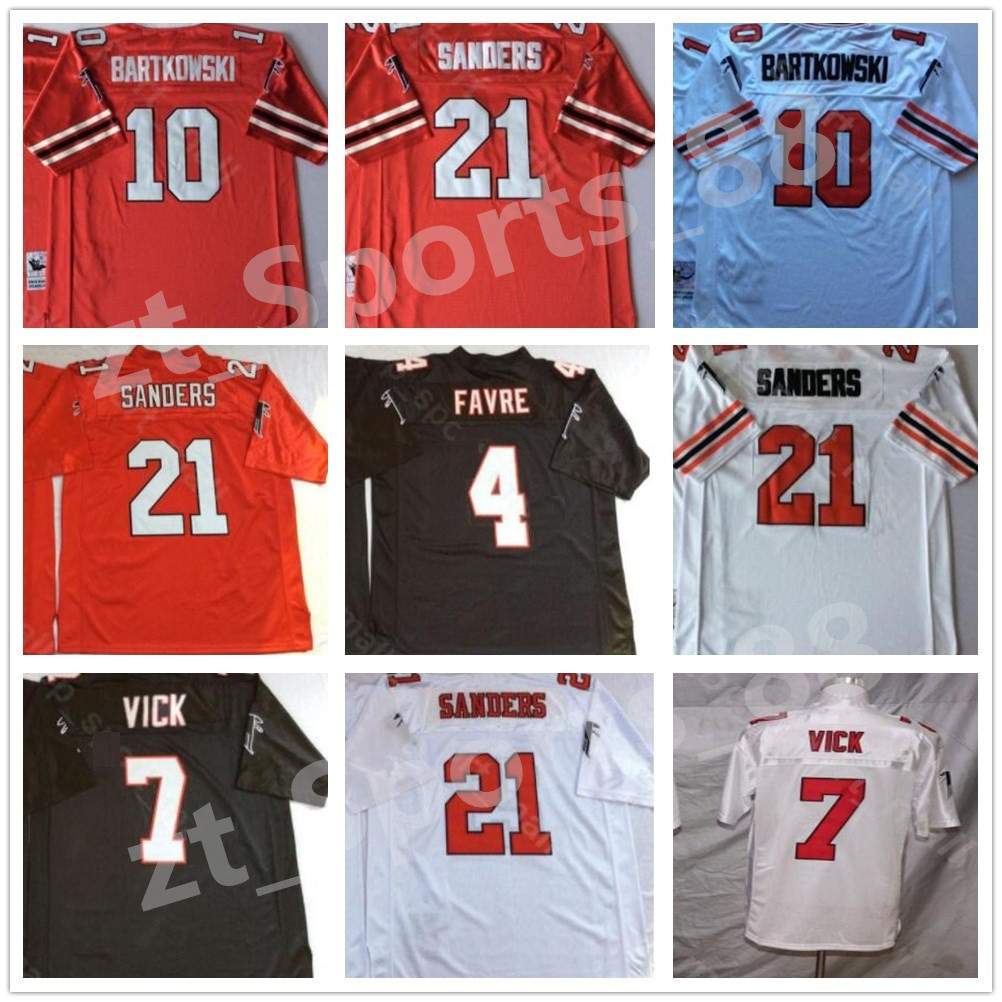 

Football 7 Michael Vick Jerseys 4 Brett Favre 21 Deion Sanders 10 Steve Bartkowski Red Black White Stitch Men Vintage New, As shown in illustration