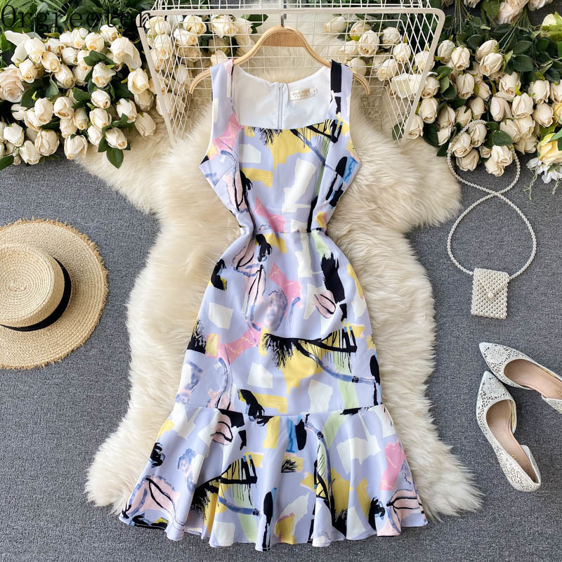

Korean Summer Fashion Graffiti Print Bodycon Dress Vestidos Women' Square Collar Slim Sleeveless Vest Ruffled Mermaid 210525, Purple