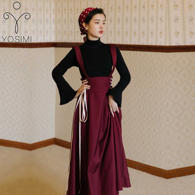 

YOSIMI 2 Piece Outfits for Women Autumn Winter Full Sleeve Blouse Black Sweater Top and Strap Dress Bandage Two Set 210604, Maroon
