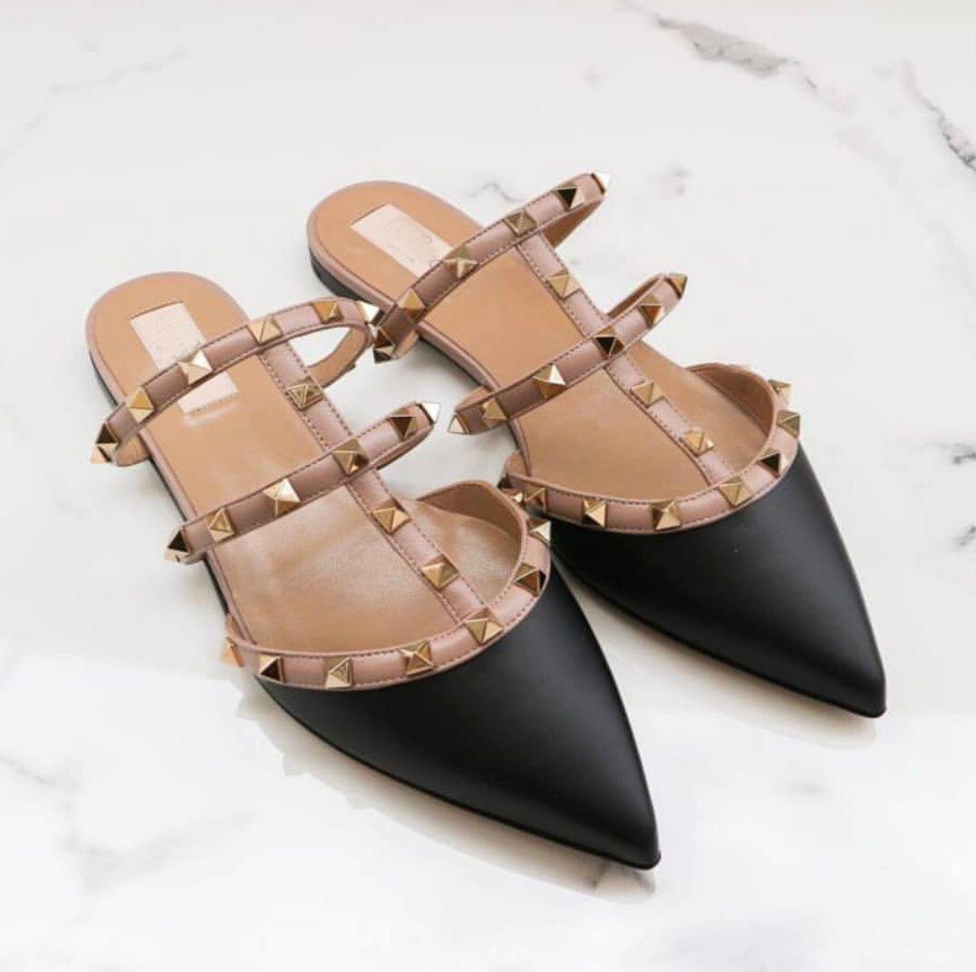 

original LOGO Designer Pointed Toe 2-Strap with Studs high heels Leather rivets Sandals Women Studded Strappy Dress Shoes size 35-43, Black