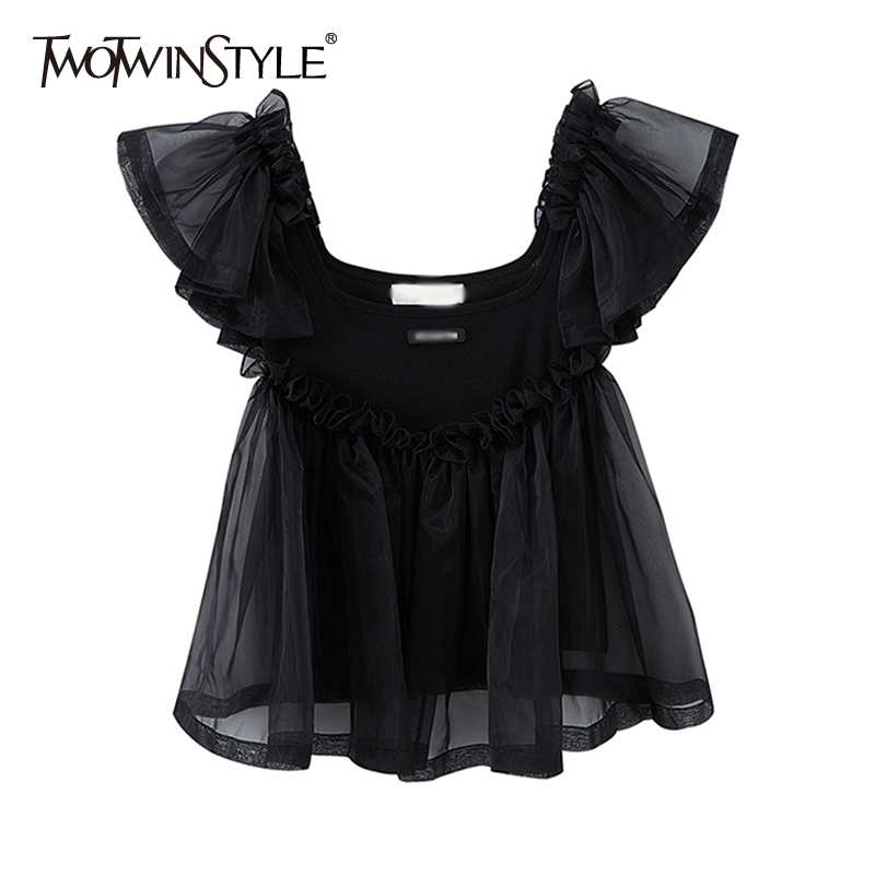 

TWOWINSYLE Black Patchwork Ruffle Shirt For Women Square Collar Short Sleeve Casual Korean Shirts Female Summer Style 210524