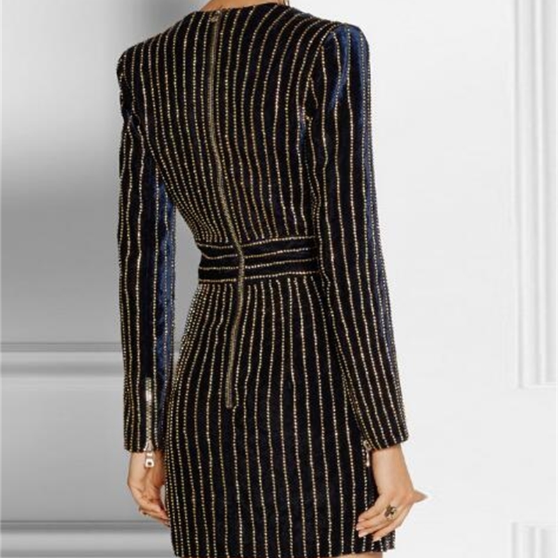 

Europe and the United States spring latest long-sleeved temperament v-neck heavy work diamond-encrusted hip slim, Black