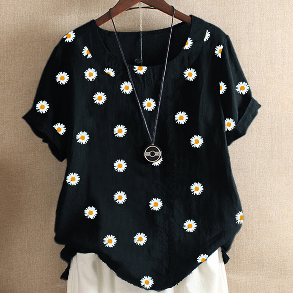 

women's tops T-shirt cotton loose for girls Print flower Casual Round Neck -5XL plus size short sleeve cardigans Vintage clothing t-shirts daisy clearance, Red
