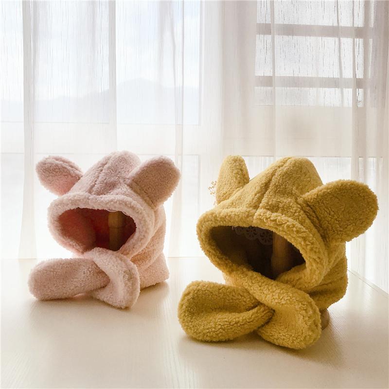 

Caps & Hats Children's Hat And Scarf In One Fall Winter Lamb Velvet Cartoon Ears Plus Kids Windproof Ear Protection Warm, Yellow