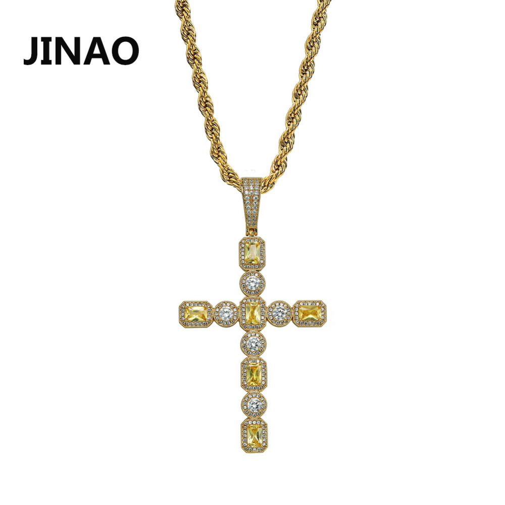 

JINAO iced Out Colorful Prong Set Cross Pendant Necklace With Tennis Chain Mens Charm CZ Chains Hip Hop Jewelry X0509