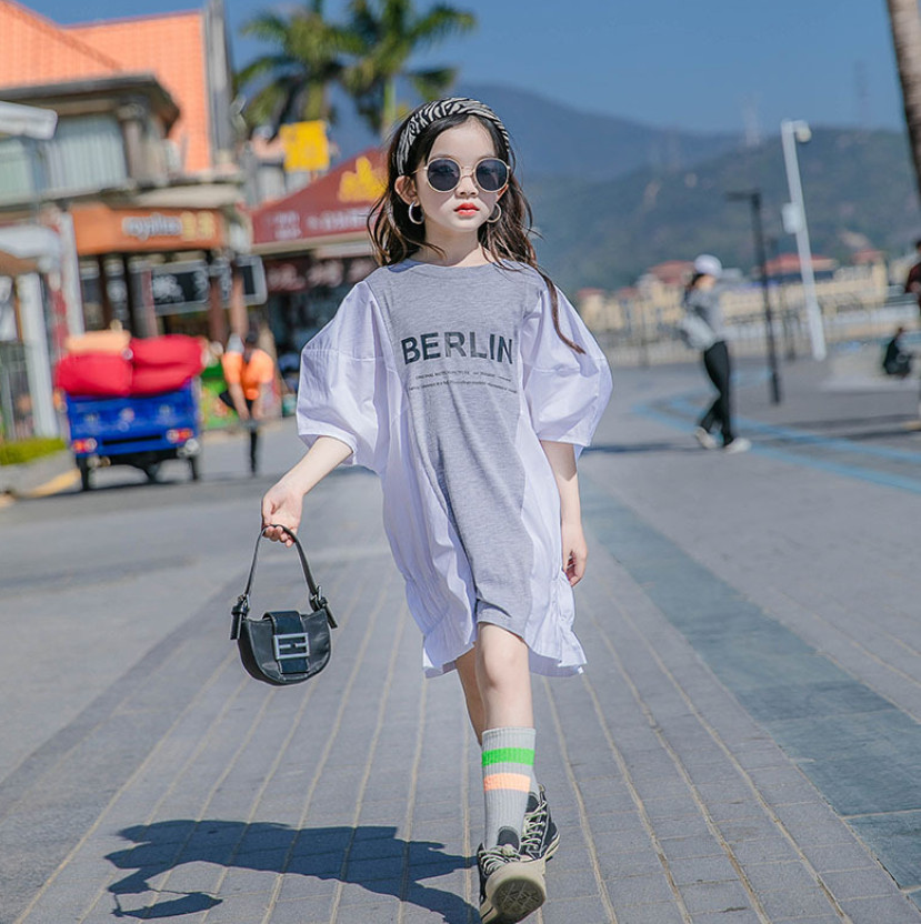 

Big Girls letter printed dresses Summer Children Puff Short Sleeve loose casual Dress Kids Cotton Clothing 3-15T A6325, Red;yellow