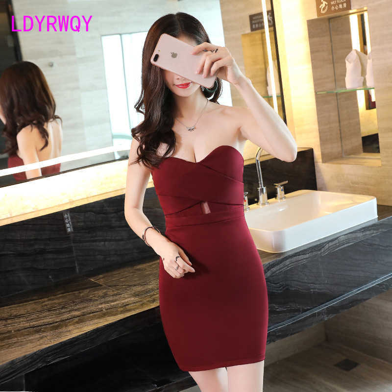 

women's nightclub deep v-neck tube top female sense wrapped chest slimming bag hip dress 210603, Burgundy