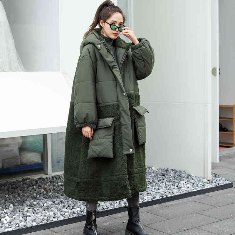 

down Ladies stitching lamb wool hooded padded coat cotton jacket women's mid-length winter, Black