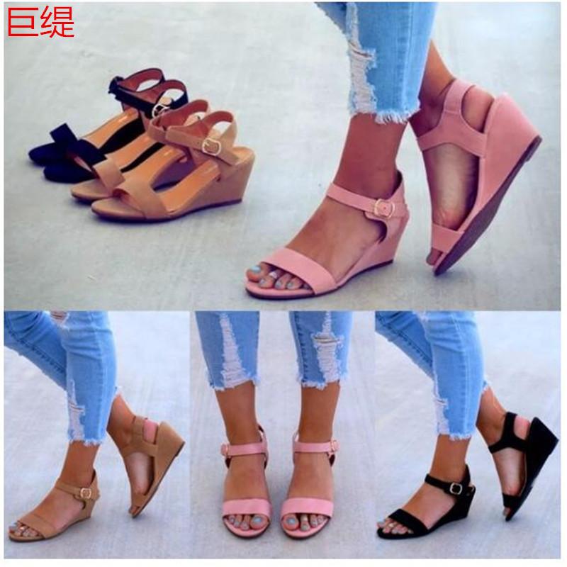 

Women Sandals Summer Shoes Woman Beach Flock Buckle Wedge Sexy Party OL Office, Black