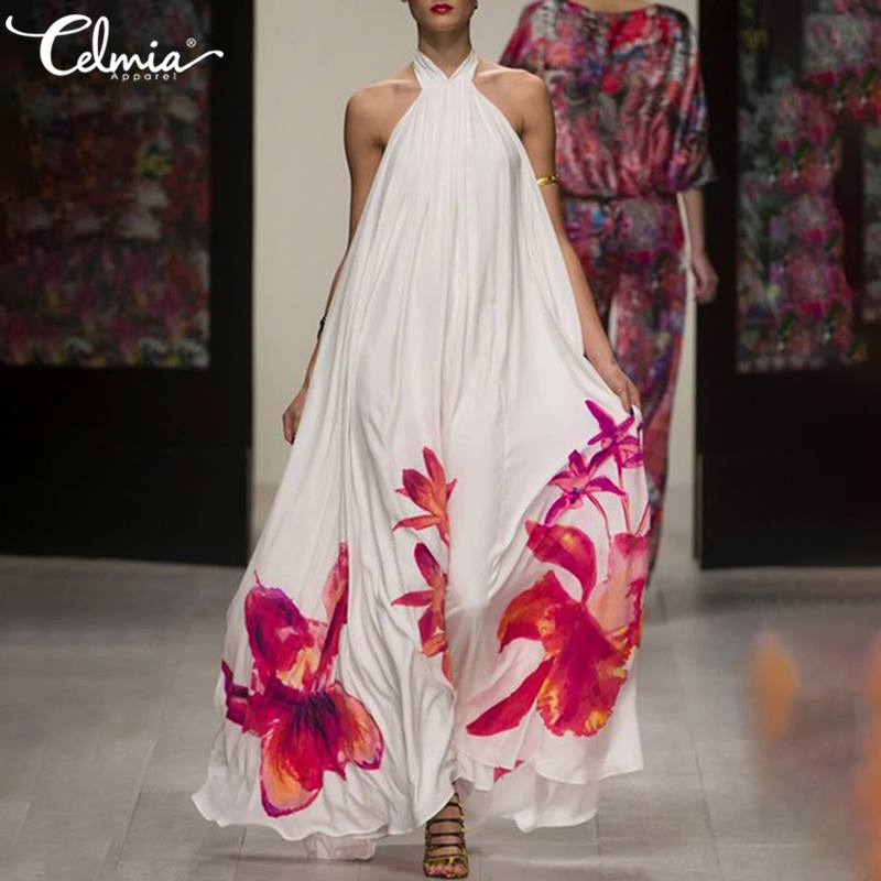 

Celmia Summer Women Halter Floral Print Long Dress Casual Sleeveless Ruffle Maxi Sundress Sexy Backless Party Bohemian Vestidos, Black