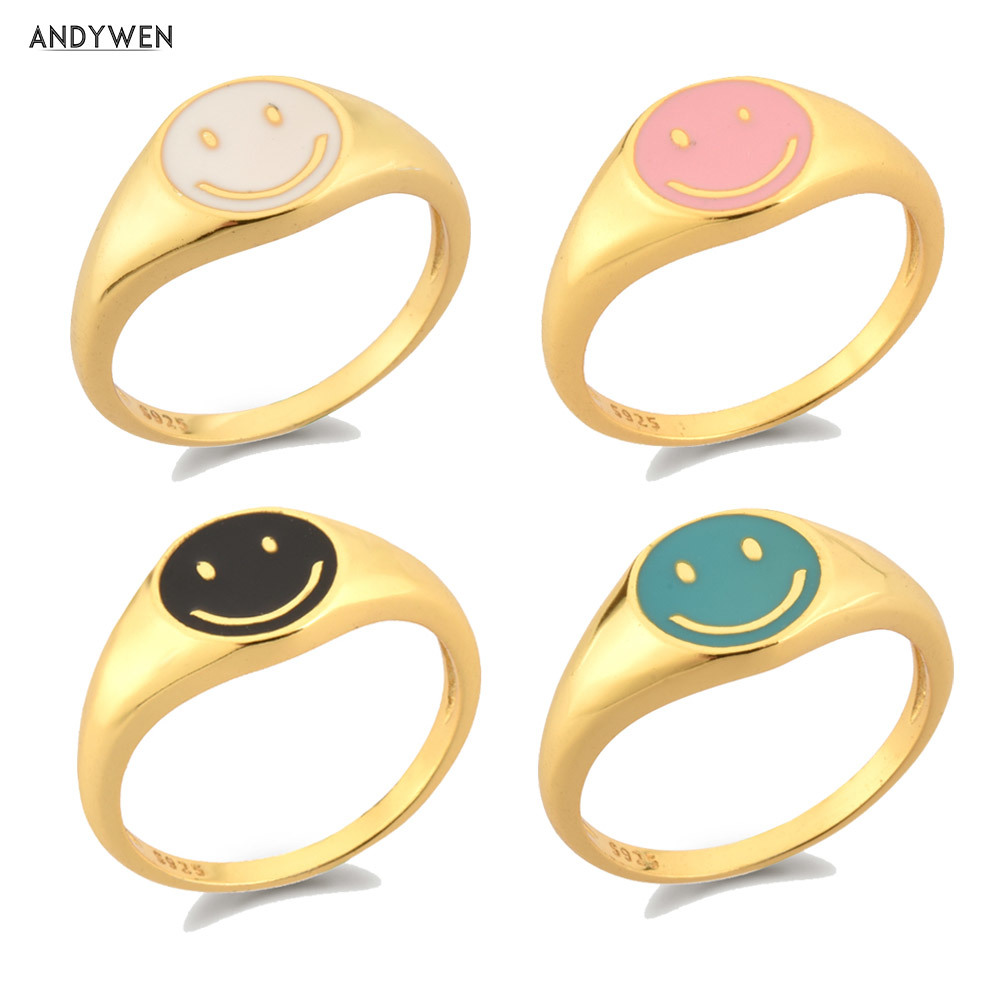 

ANDYWEN 925 Sterling Silver Gold Smile Enamel Thick Ring Size Luxury Spring Fine Jewelry White Black Pink Colorful Women Gift 210330, Golden;silver