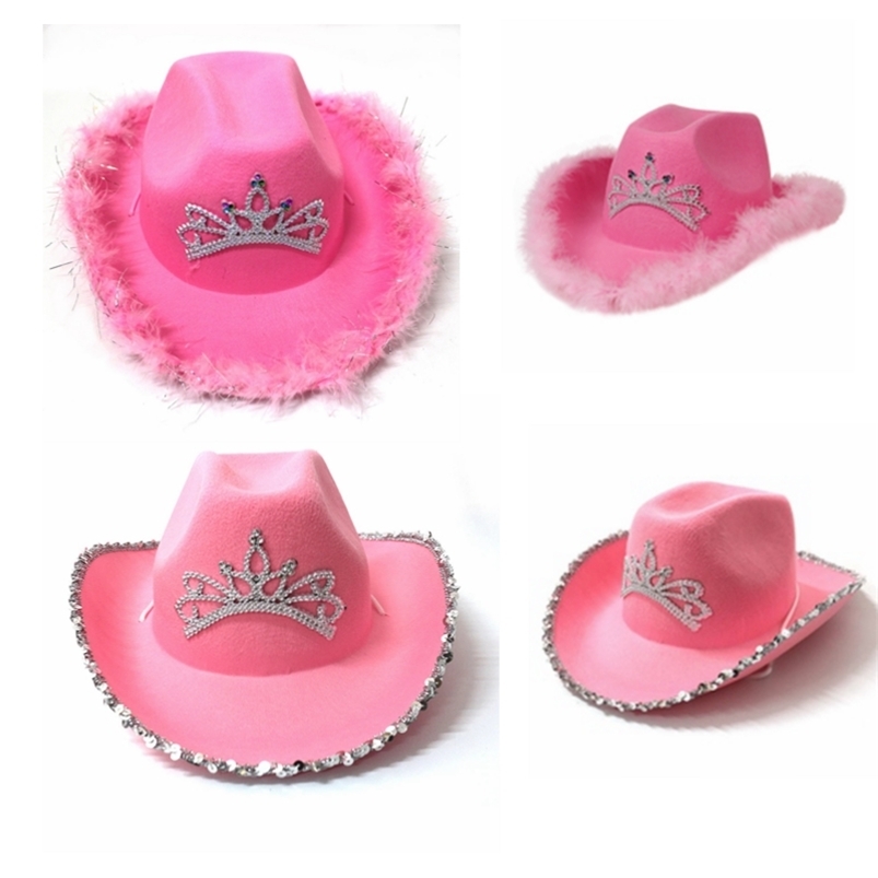

Pink Tiara Cowgirl Hat for Women Girls Wide Brim Fedora Cowboy Cap Western Style Holiday Cosplay Party Hats 210709, Pink 2-58cm