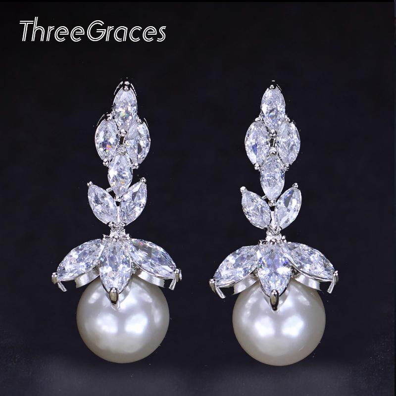 

Dangle & Chandelier ThreeGraces Elegant Bridal Jewelry White Gold Color Marquise Shape Clear Cubic Zirconia Drop Pearl Earrings For Wedding, Silver