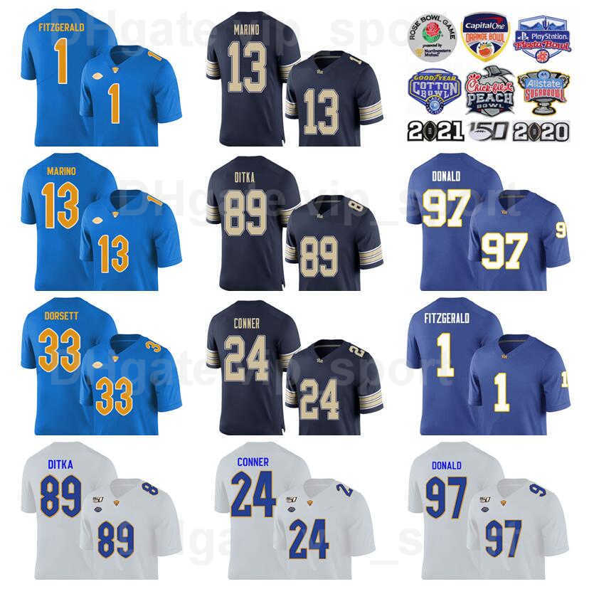 

NCAA Pittsburgh Panthers College Football 1 Larry Fitzgerald Jersey 33 Tony Dorsett 13 Dan Marino 24 James Conner 89 Mike Ditka 97 Aaron Donald Custom Name Number, Navy blue