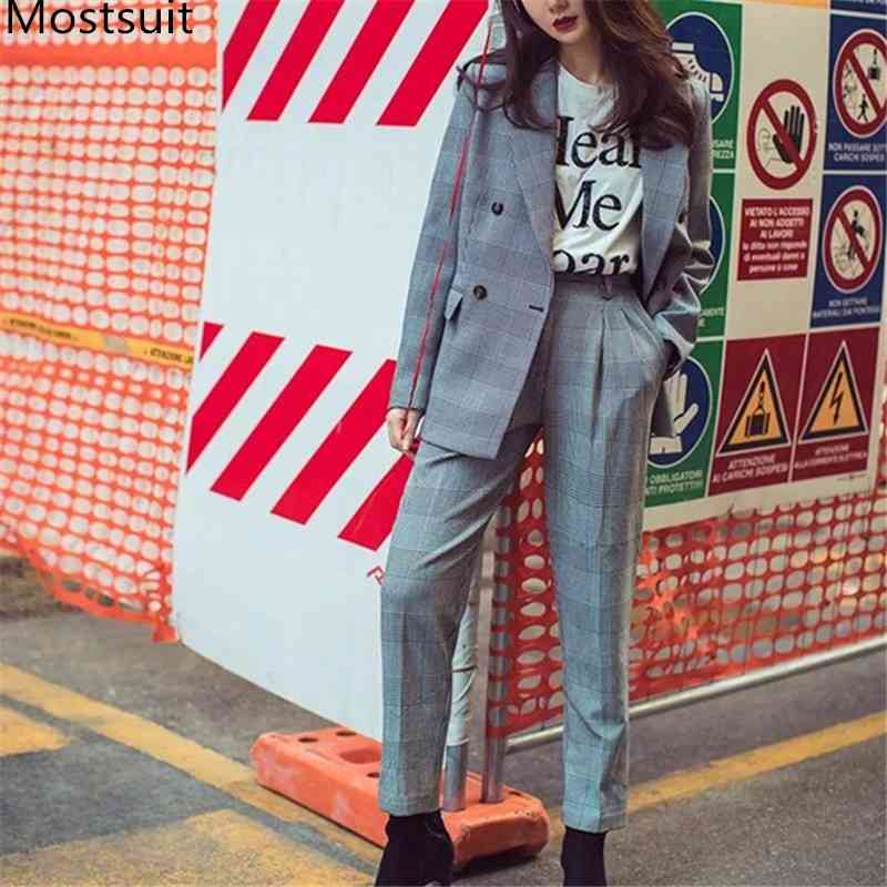 

Korean Vintage Plaid Women Two Piece Suit Set Double-breasted Blazer + Pants Outfits Fashion Female Workwear Office 210518, Picture color