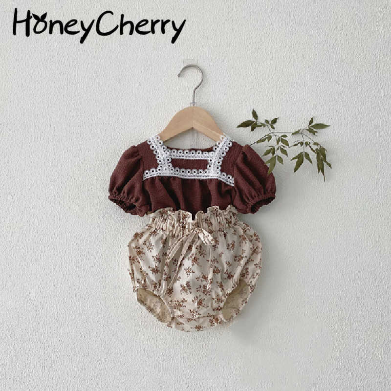 

Girls' summer suit square collar lace blouse floral shorts set of two baby girl clothes 210701, Brown