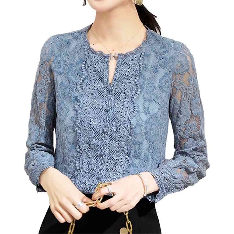 

Women long-sleeved Lace blouse shirt Spring fashion V-neck Casual Crochet Hollow out Tops Blusa 210517, Blue
